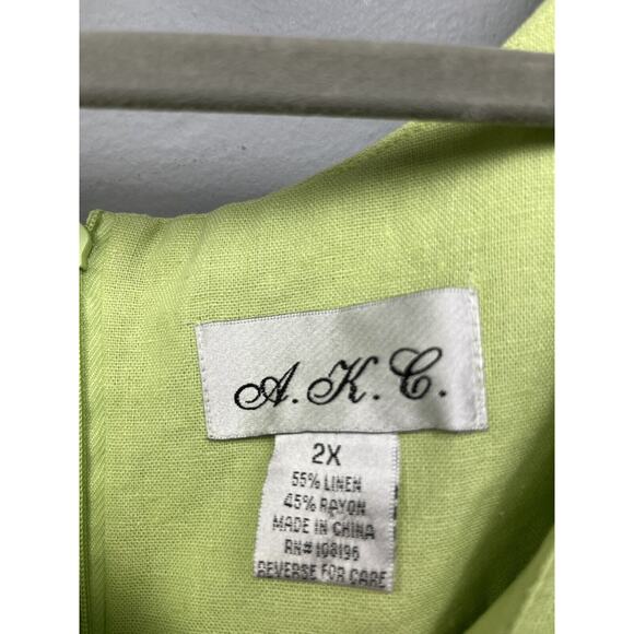 A.K.C. Linen Blend Dress Women's 2X Tank Dress Back‎ Zip Back Slit Cutouts Green - Picture 3 of 6
